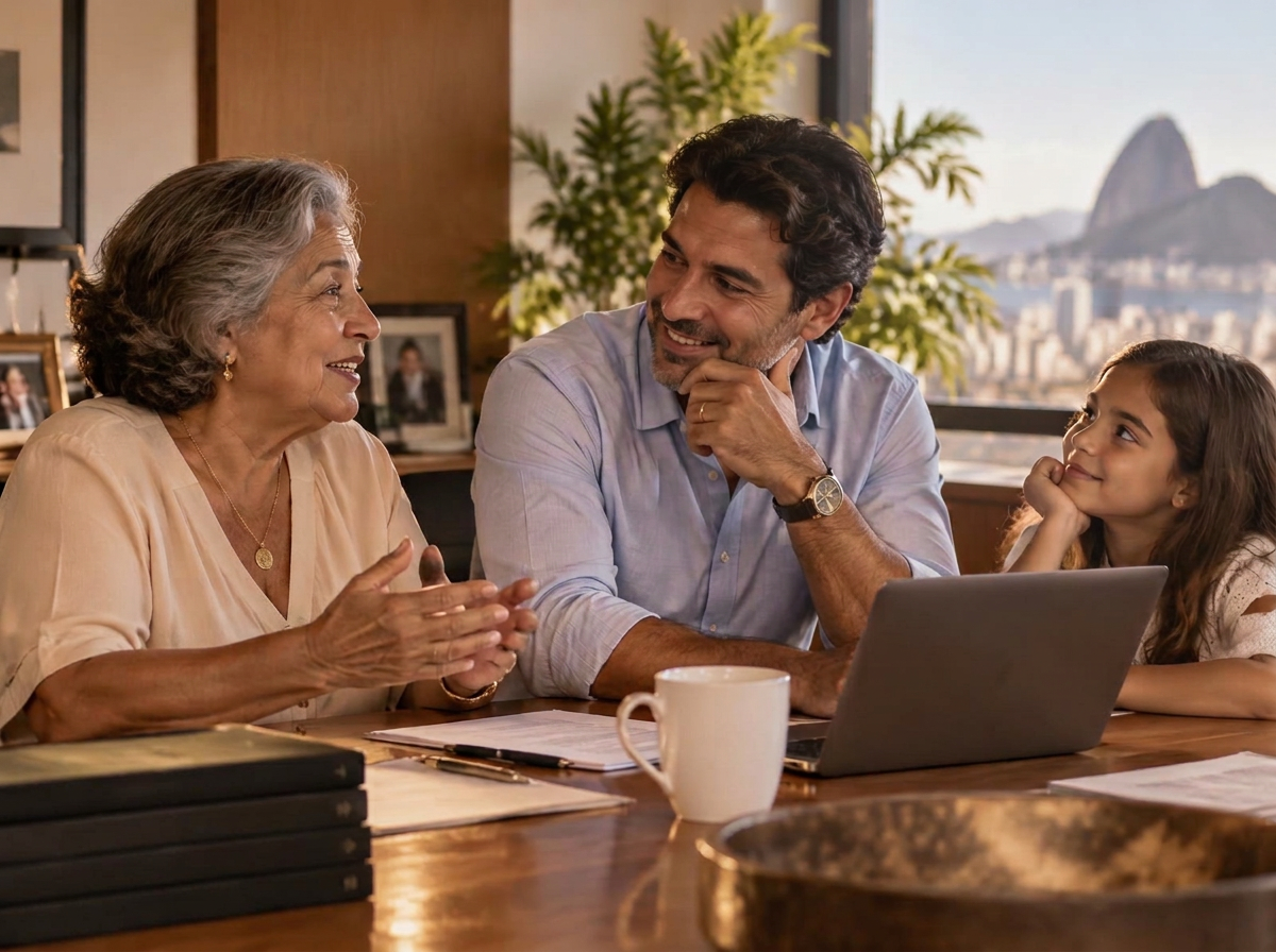 Três gerações de uma família empresária conversando ao redor de uma mesa